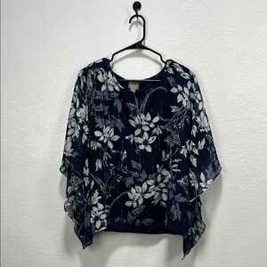 Chicos Womens Floral Blouse Top Semi Sheer Overlay Top Blue Sz 2 (L) Boho